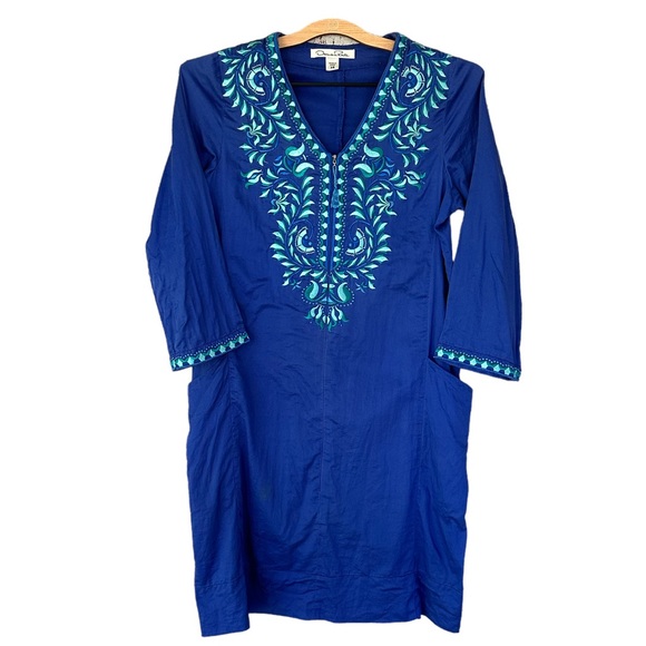 Oscar de la Renta Blue Embroidered Mini Resort Caftan Zipper Dress Cover up XS - Picture 1 of 5